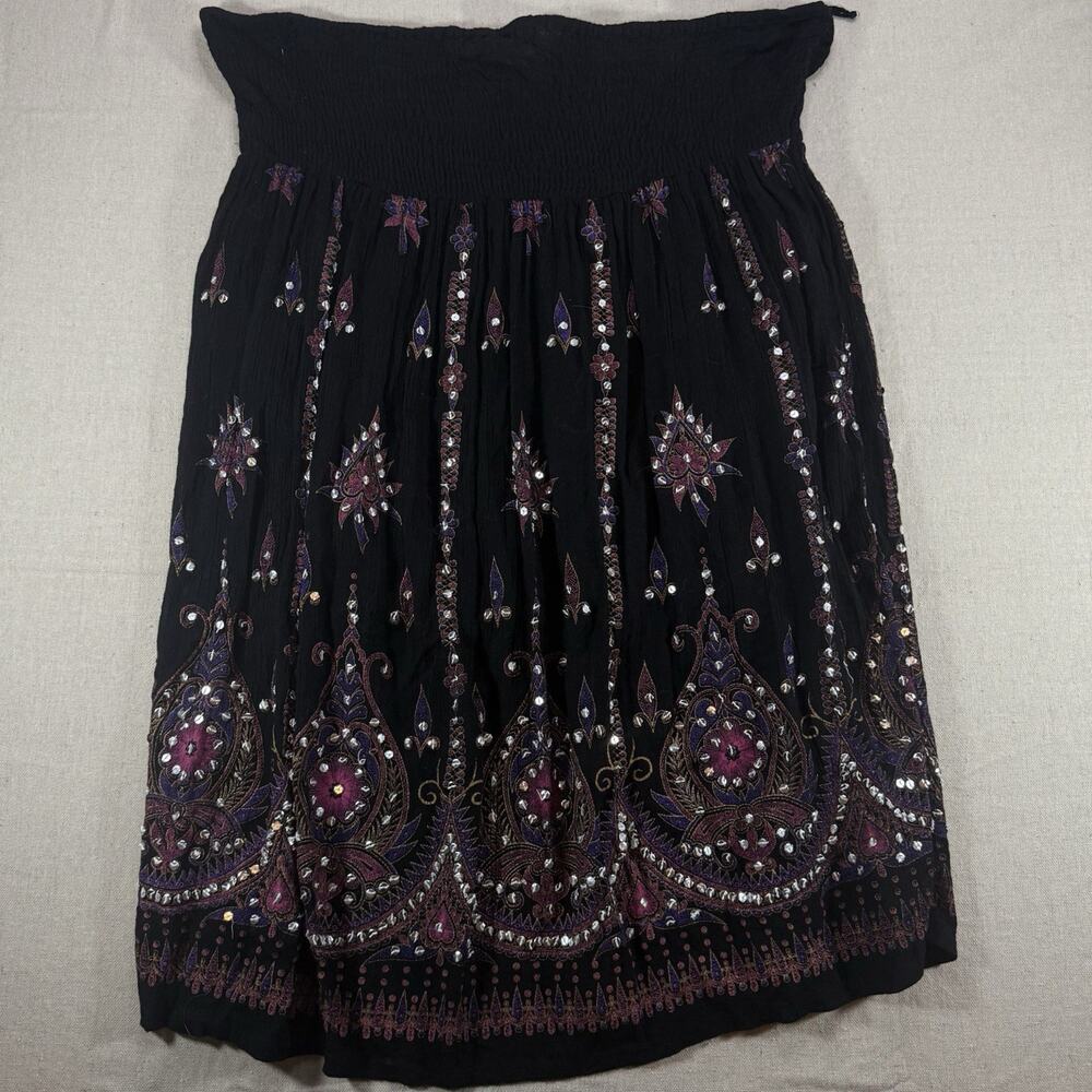 Cassee Women's Black Boho Midi Skirt L Rayon Embroidered Beaded Festival India